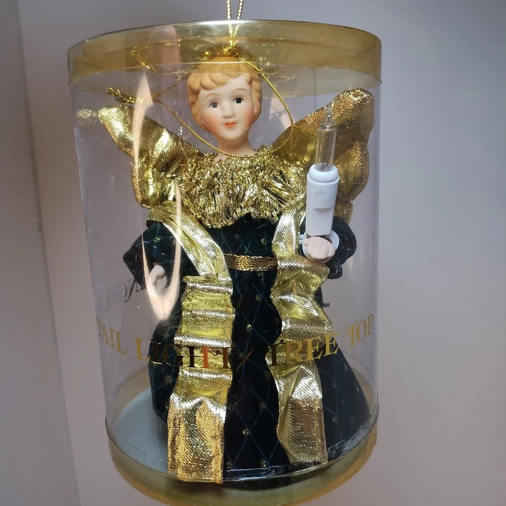 Angel Tree Topper 5 in Ceramic Porcelain Gold‎ Green Lighted Christmas